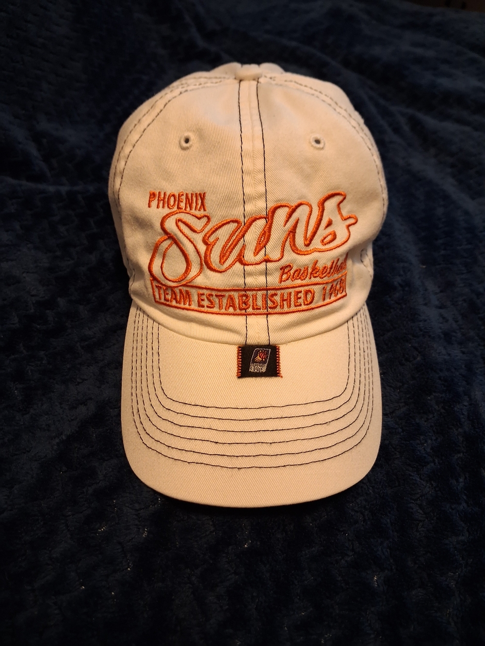 VTG Genuine Merchandise White Cap with Purple and Orange Suns Patch